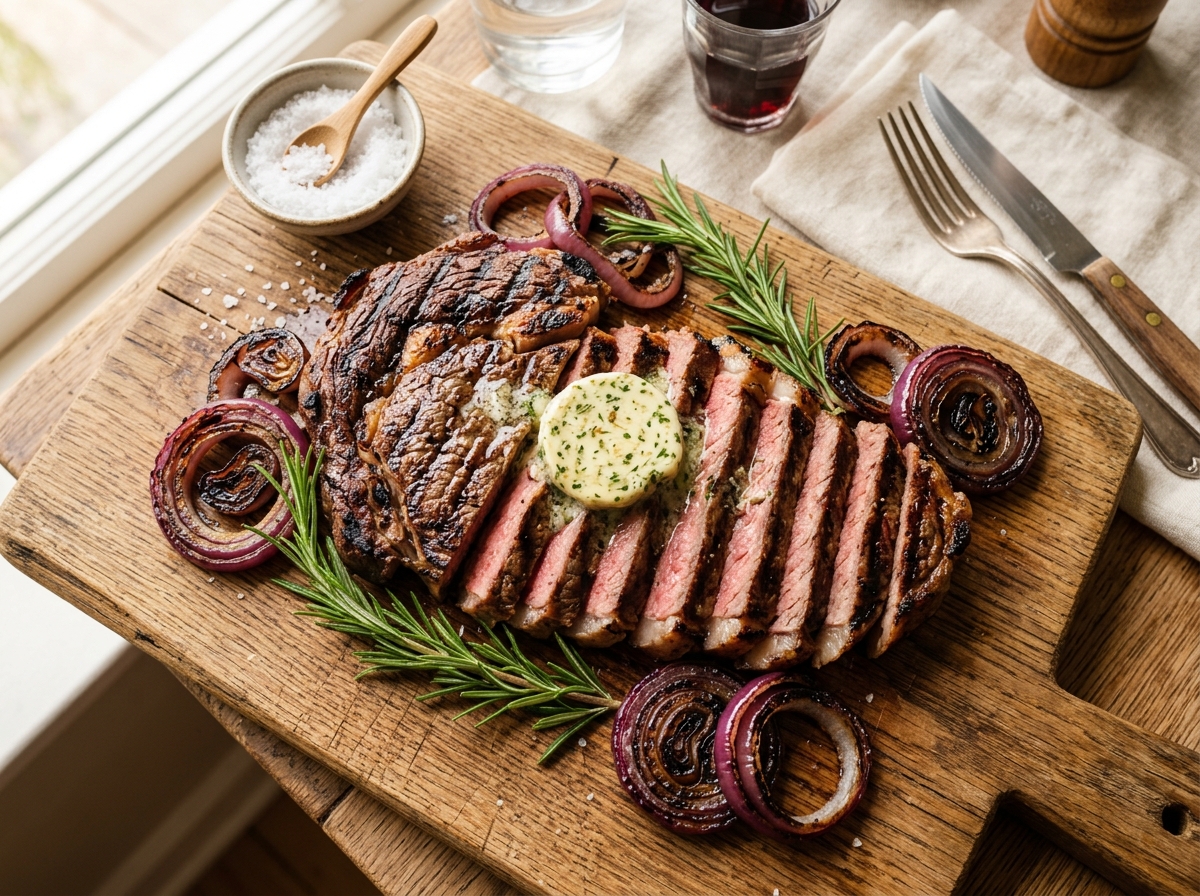 Gegrillte Rinderhüftsteak-Scheiben mit Rosmarin-Knoblauch-Butter und Röstzwiebeln