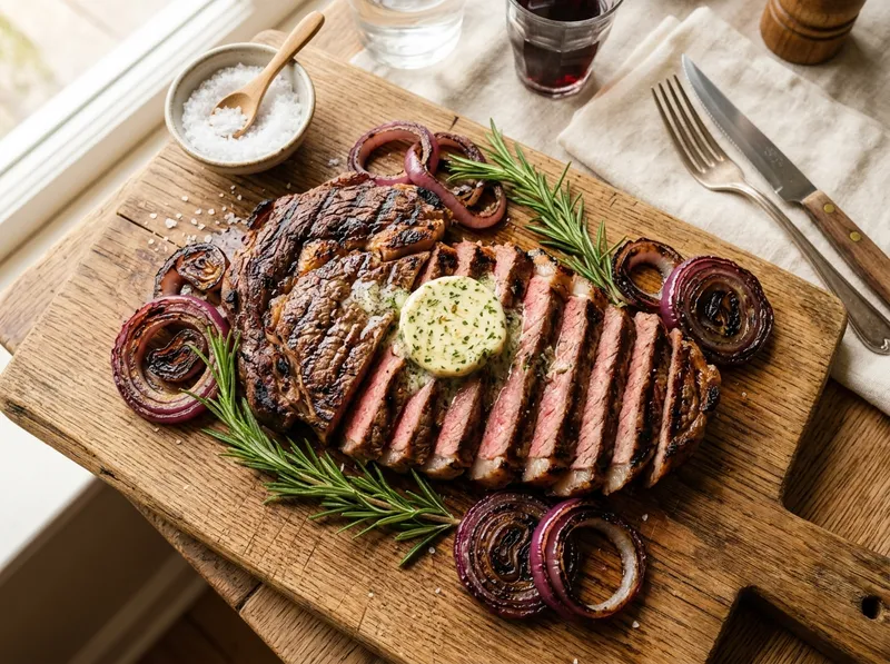 Gegrillte Rinderhüftsteak-Scheiben mit Rosmarin-Knoblauch-Butter und Röstzwiebeln