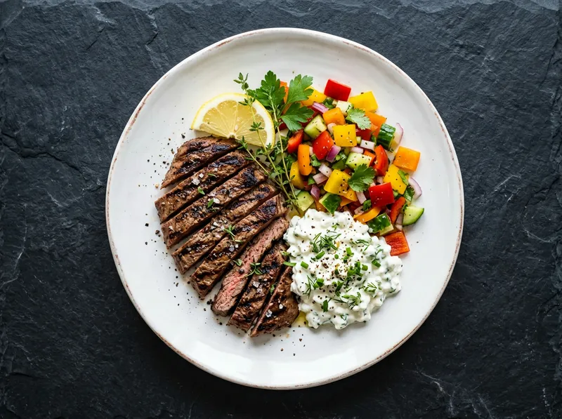 Gegrillte Rindersteak-Streifen mit Kräuter-Hüttenkäse und Paprika-Salat
