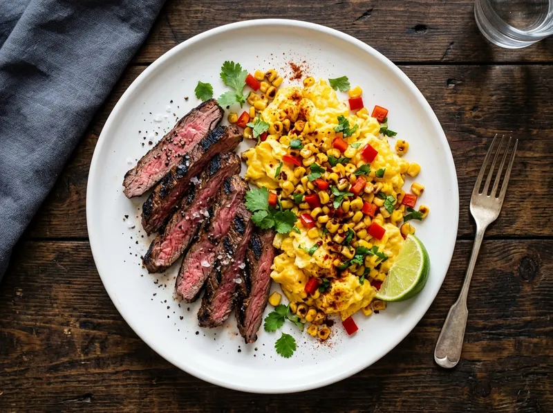 Gegrillte Rinderstreifen mit Chili-Mais und geröstetem Paprika-Rührei