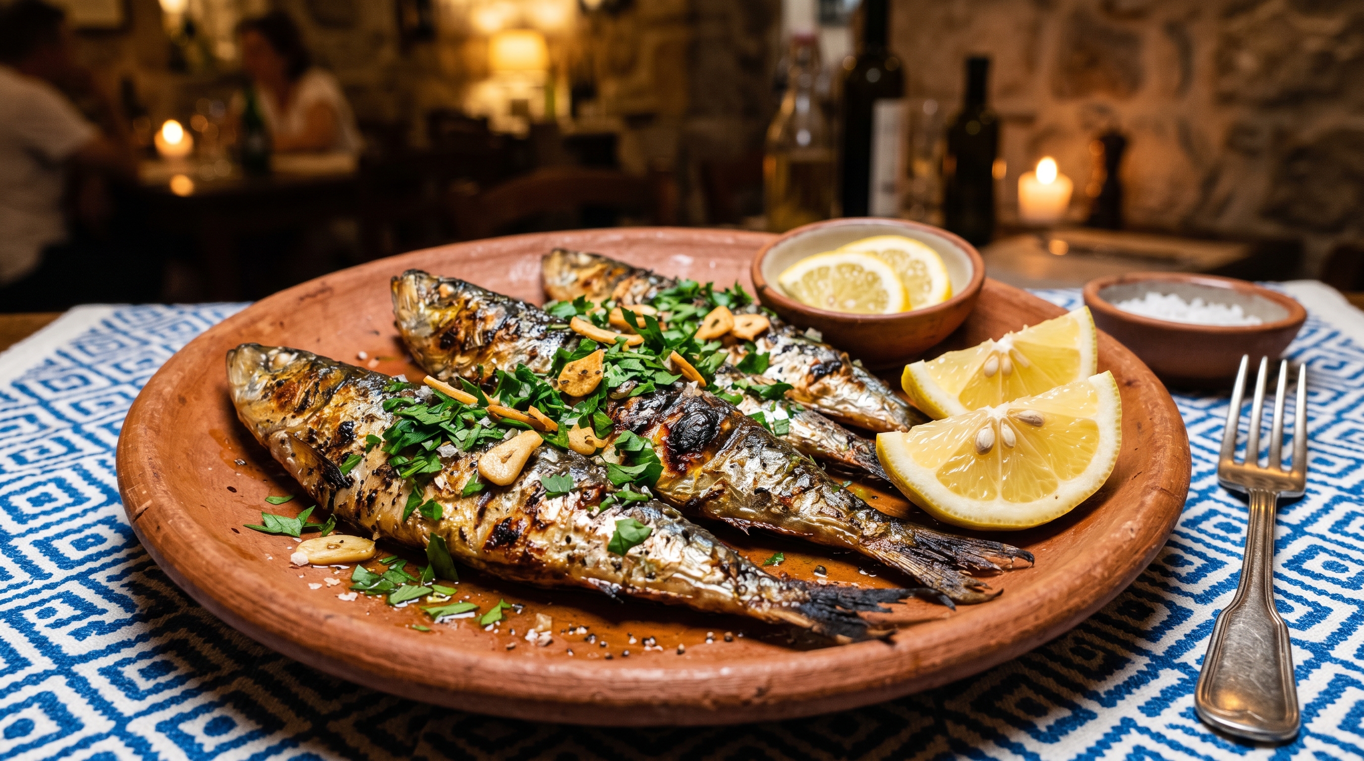 Gegrillte Sardinen mit Knoblauch-Petersilien-Öl und Zitrone