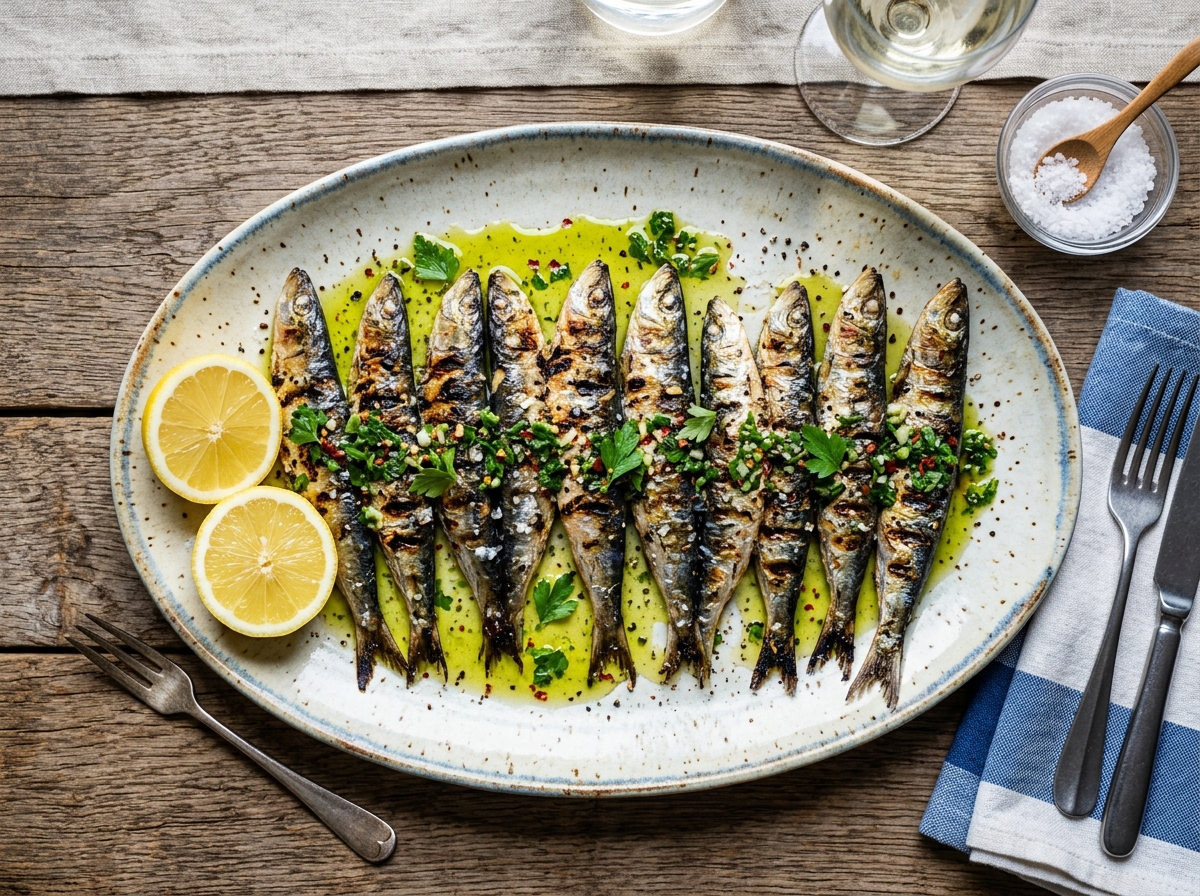 Gegrillte Sardinen mit Knoblauch-Petersilien-Öl und Zitrone