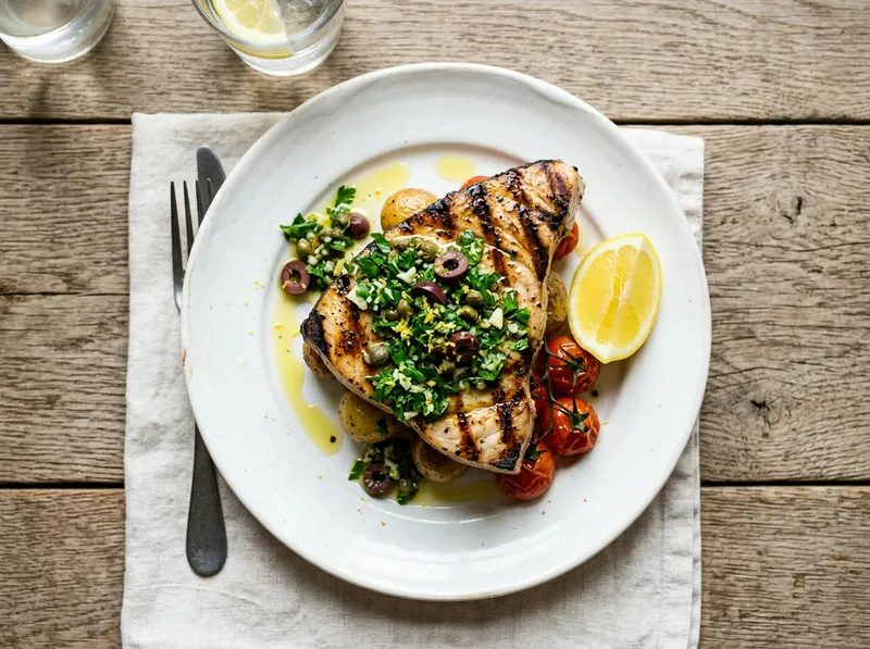 Gegrillte Schwertfisch-Steaks mit Kapern-Oliven-Gremolata
