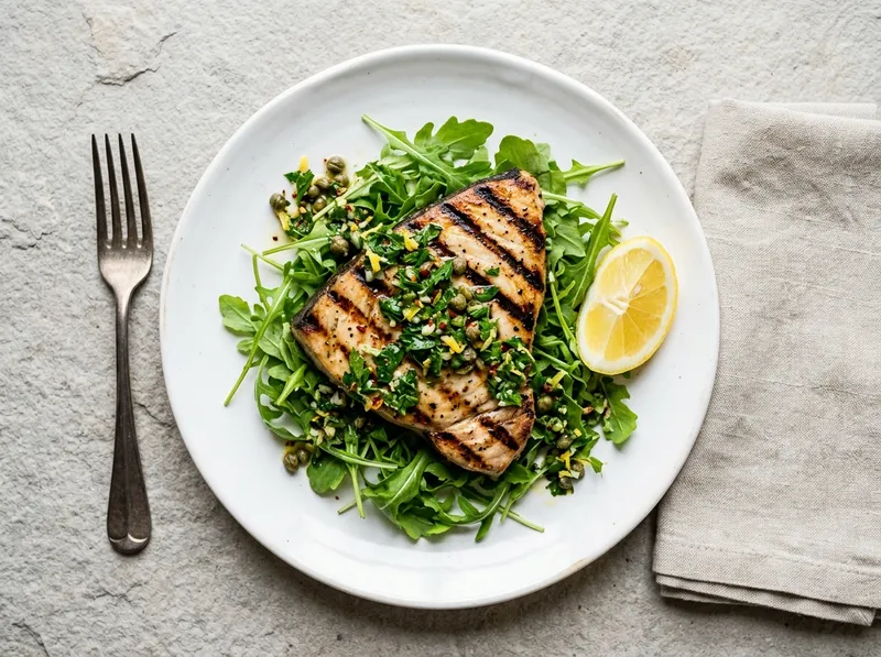 Gegrillte Schwertfisch-Steaks mit Zitronen-Kapern-Salsa und Rucola