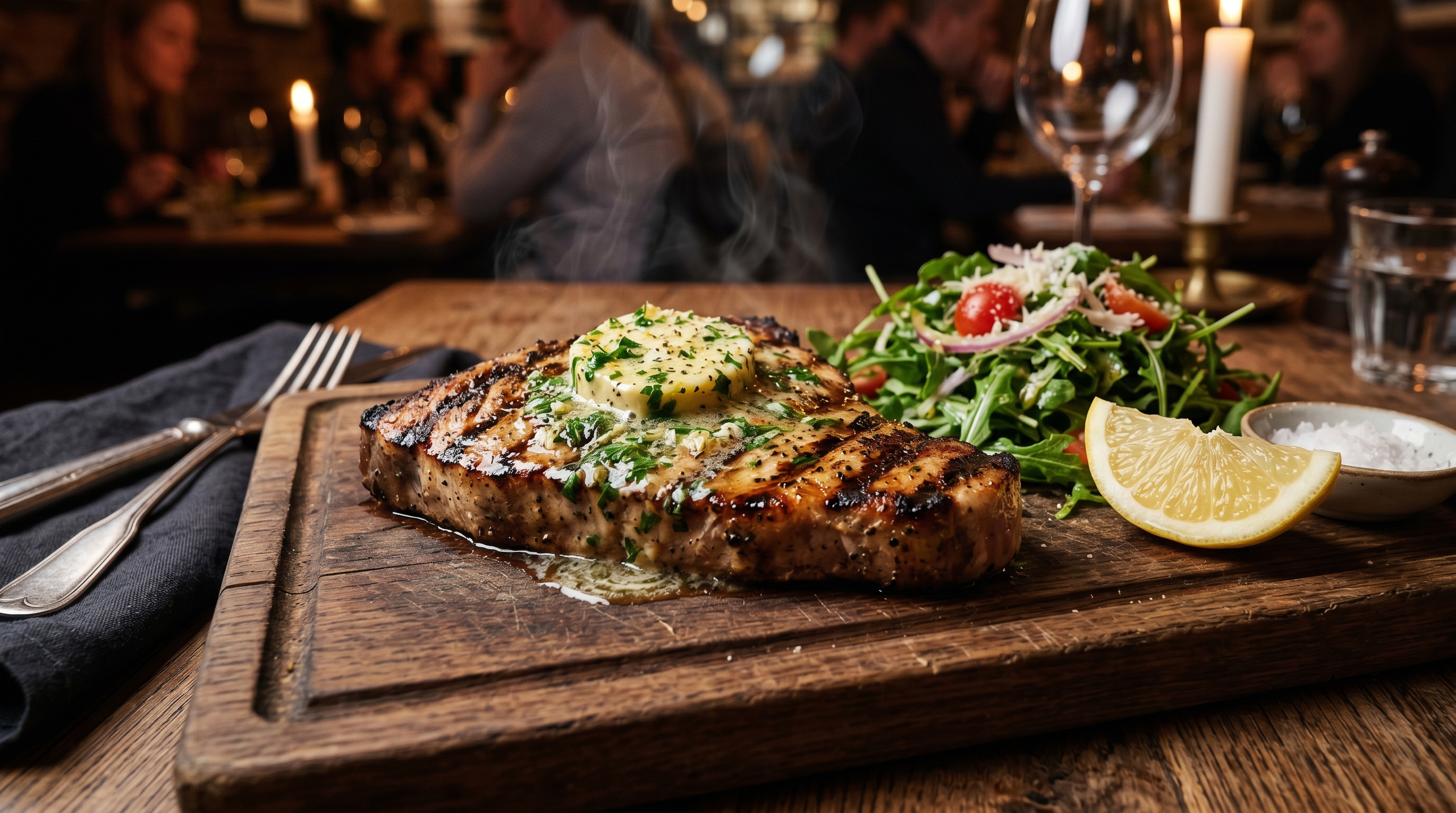 Gegrillte Schwertfischsteaks mit Zitronen-Kräuter-Butter und Rucola