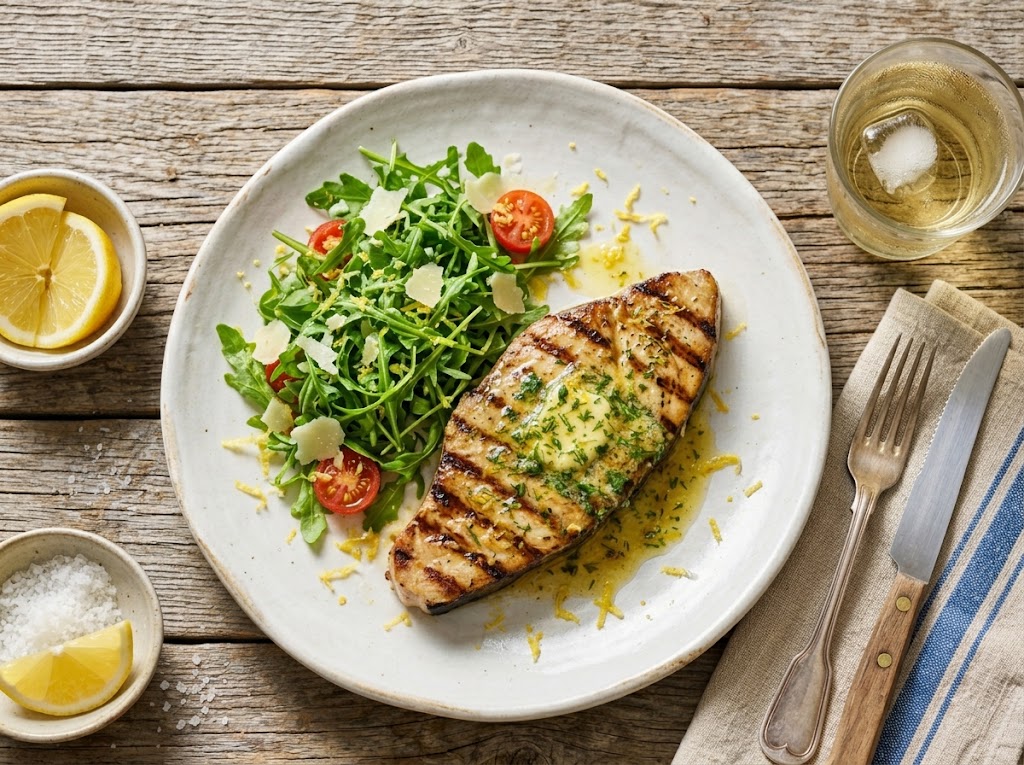 Gegrillte Schwertfischsteaks mit Zitronen-Kräuter-Butter und Rucola
