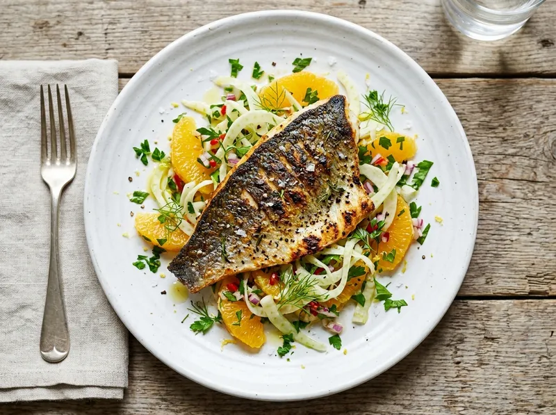 Gegrillte Seabream-Filets mit Fenchel-Orangen-Salsa