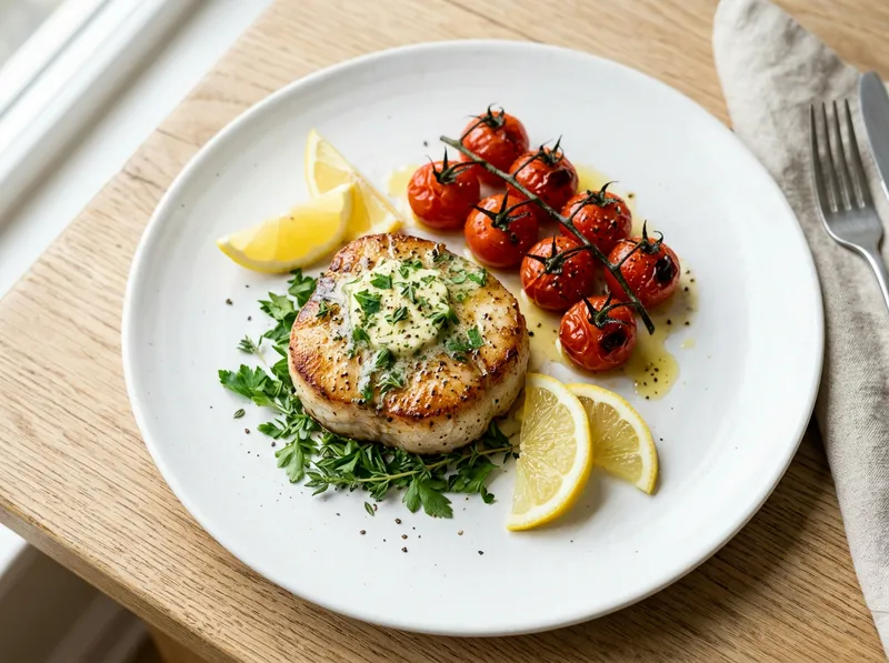 Gegrillte Seeteufel-Medaillons mit Zitronen-Thymian-Butter und gerösteten Kirschtomaten