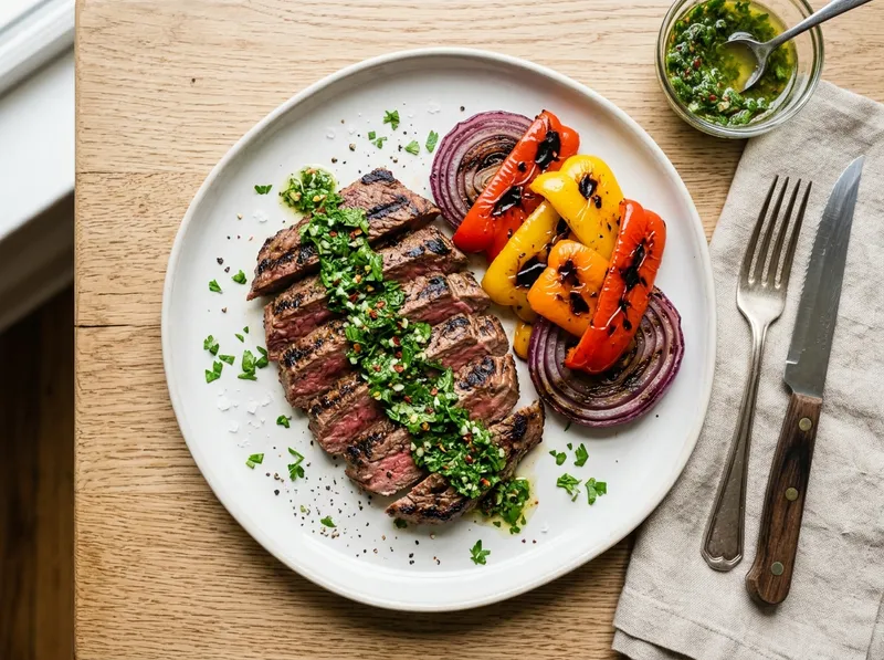Gegrillte Steakstreifen mit Chimichurri und warmem Paprikasalat