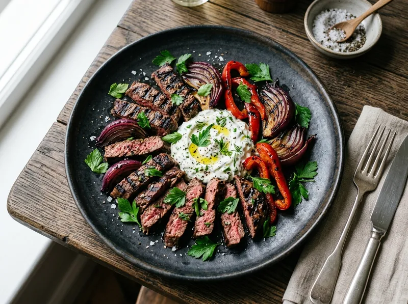 Gegrillte Steakstreifen mit Paprika-Zwiebel-Gemüse und Kräuterquark