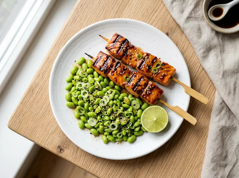 Gegrillte Teriyaki-Lachsspieße mit Wasabi-Sesam-Edamame