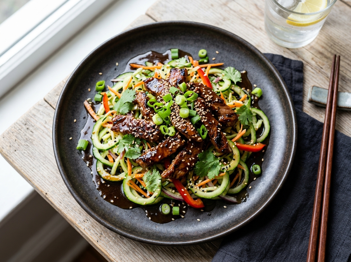 Gegrillte Teriyaki-Rinderstreifen mit Sesam-Gurken und Frühlingszwiebeln
