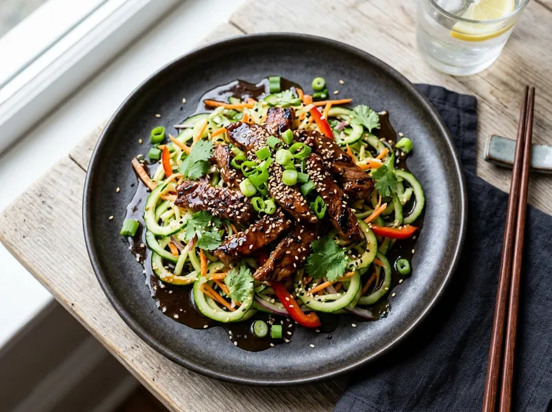 Gegrillte Teriyaki-Rinderstreifen mit Sesam-Gurken und Frühlingszwiebeln