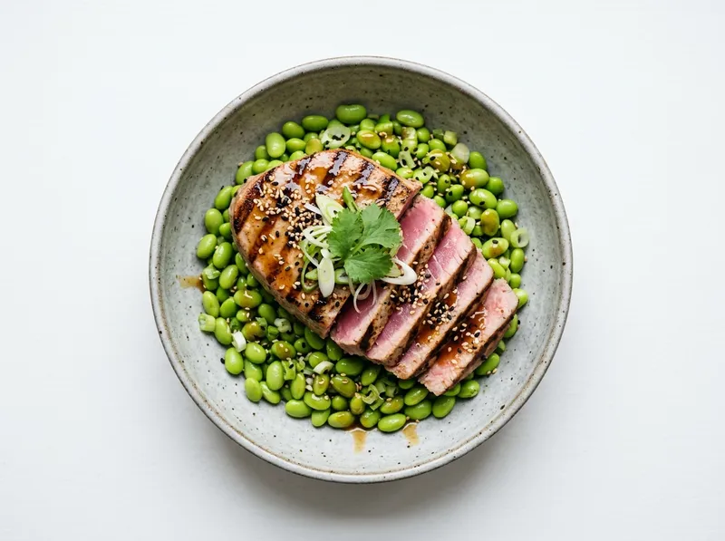 Gegrillte Thunfisch-Steaks mit Ingwer-Sesam-Glasur und Edamame-Bowl