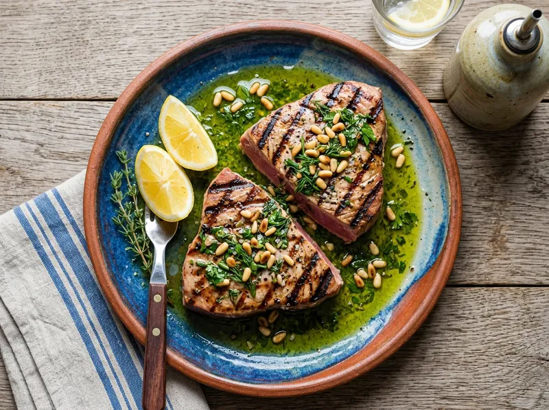 Gegrillte Thunfisch-Steaks mit mediterranem Kräuter-Olivenöl