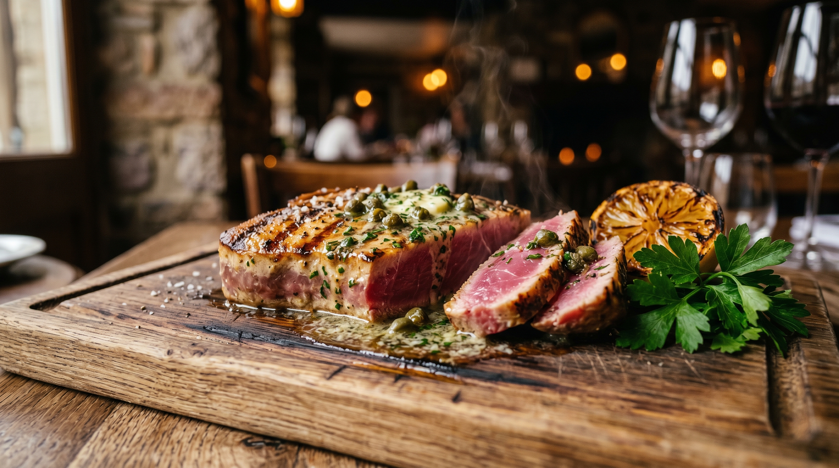 Gegrillte Thunfischsteaks mit Zitronen-Kapern-Butter