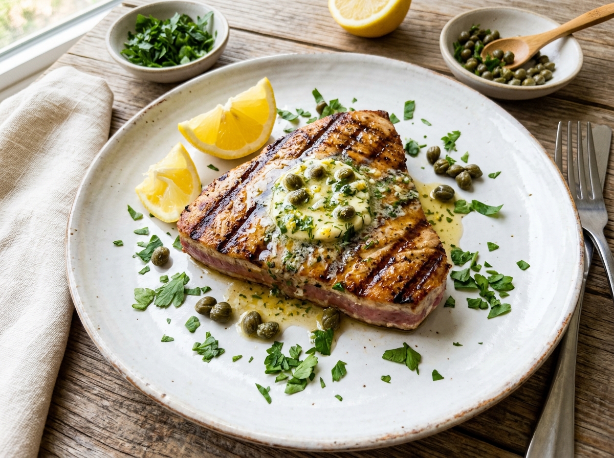 Gegrillte Thunfischsteaks mit Zitronen-Kapern-Butter