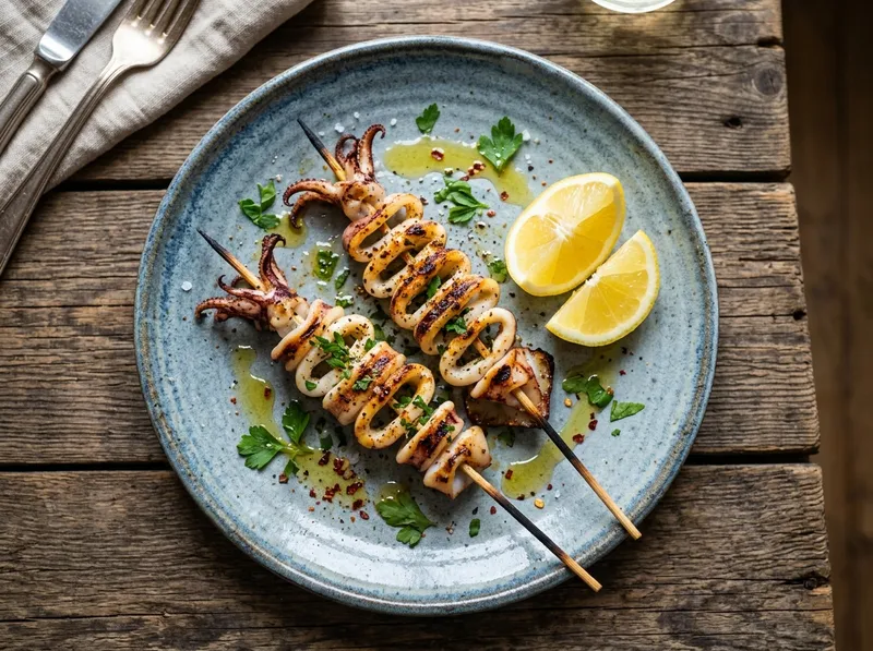 Gegrillte Tintenfisch-Spiesse mit Zitrone und frischer Petersilie