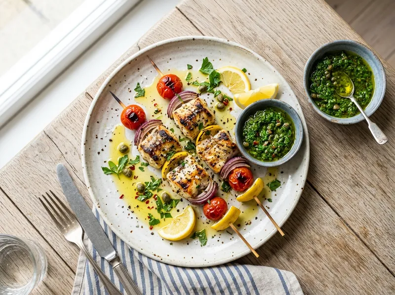 Gegrillte Wolfsbarsch-Spieße mit Zitronen-Knoblauch-Öl und frischer Salsa Verde