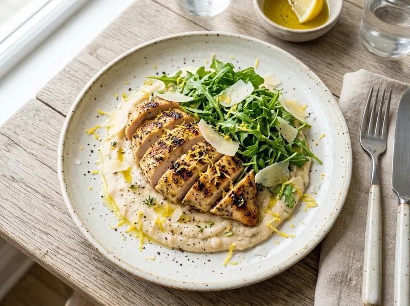 Gegrillte Zitronen-Hähnchenbrust mit Cannellini-Bohnen-Stampf und frischem Rucola