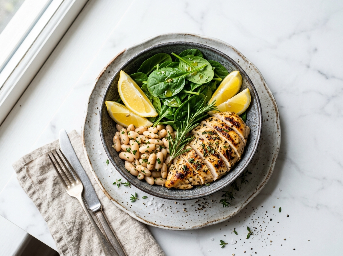Gegrillte Zitronen-Hähnchenbrust mit weißen Bohnen und frischem Spinat