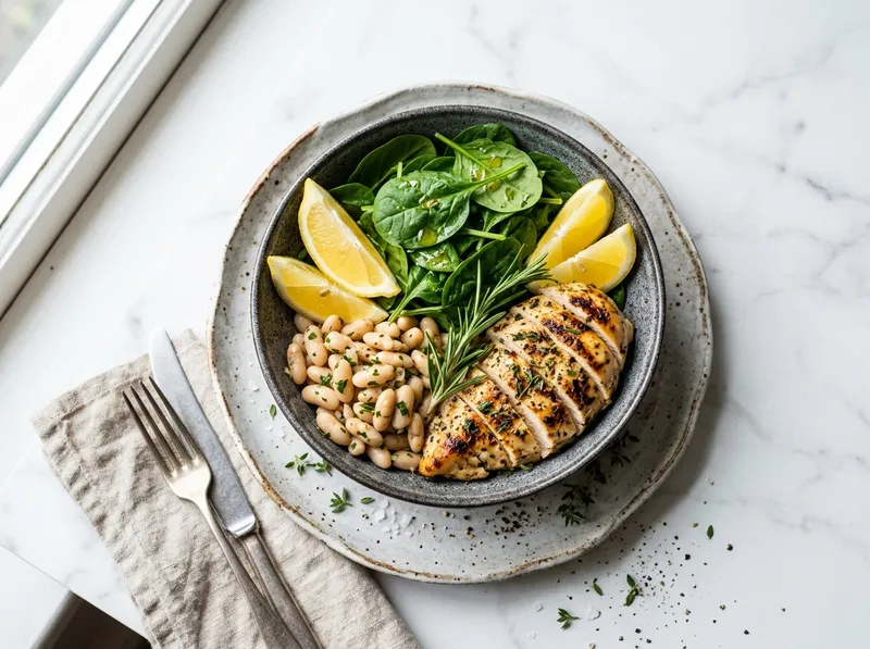 Gegrillte Zitronen-Hähnchenbrust mit weißen Bohnen und frischem Spinat