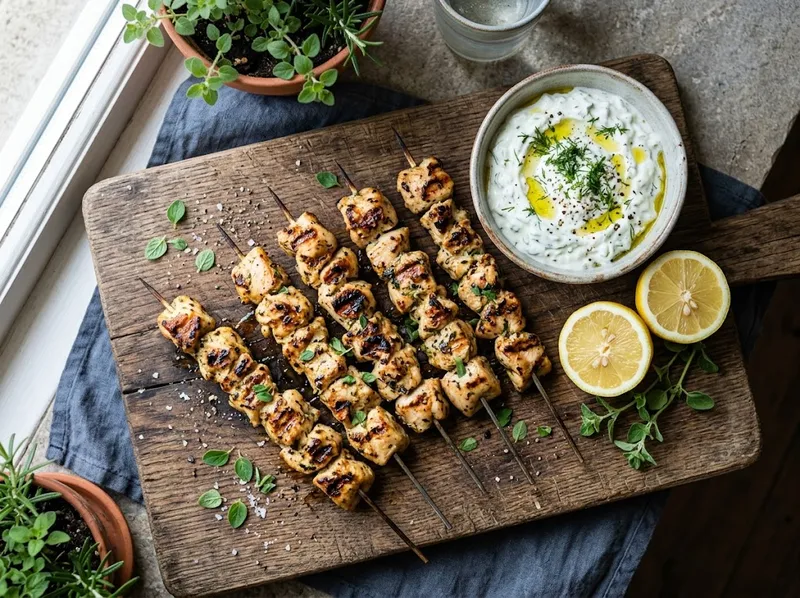 Gegrillte Zitronenhuhn-Spieße mit frischem Tzatziki