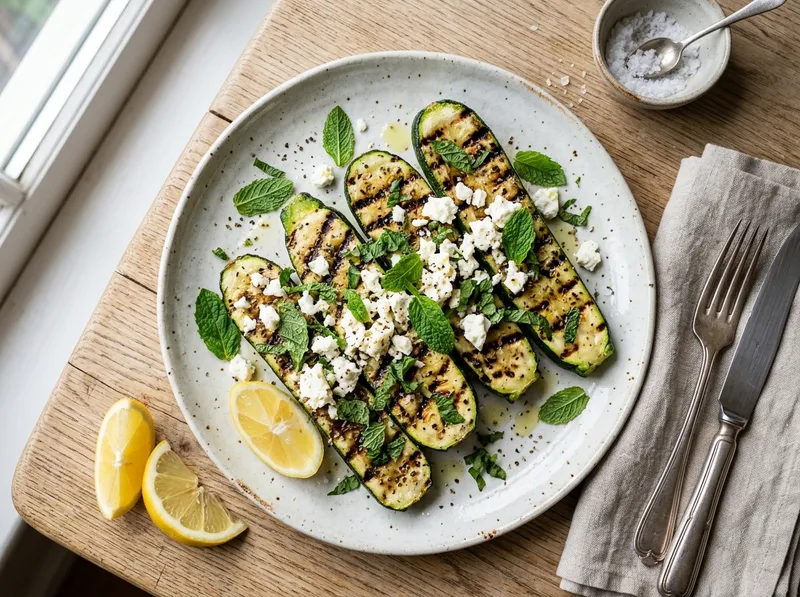 Gegrillte Zucchini-Steaks mit Zitronen-Kräuter-Marinade und Feta-Crumble