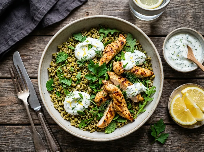 Gegrillter Freekeh-Bowl mit Zitrus-Hähnchen und Kräuter-Joghurt