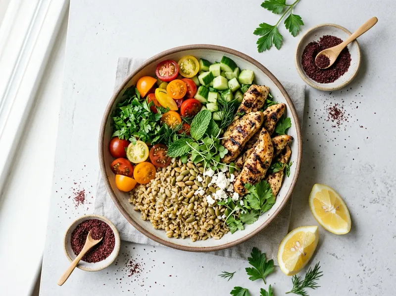 Gegrillter Hähnchen-Bowl mit Freekeh und Zitronen-Sumach-Dressing