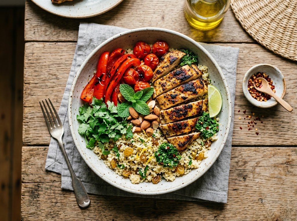 Gegrillter Hähnchen-Couscous-Bowl mit Paprika und frischem Koriander