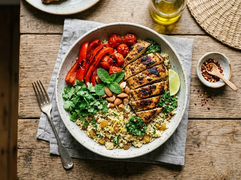 Gegrillter Hähnchen-Couscous-Bowl mit Paprika und frischem Koriander