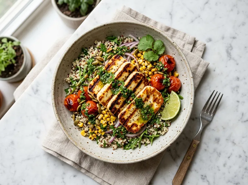 Gegrillter Halloumi-Quinoa-Bowl mit Chimichurri und Kirschtomaten