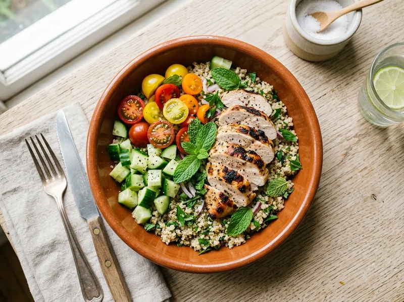 Gegrillter Perlhuhn-Quinoa-Bowl mit Rauchpaprika und frischer Minze