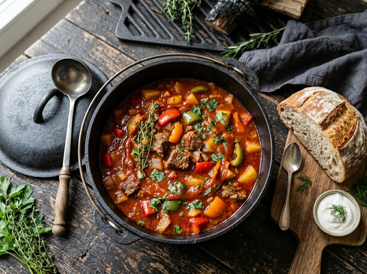 Gegrillter Rinder-Gulasch-Topf mit Paprika und Thymian