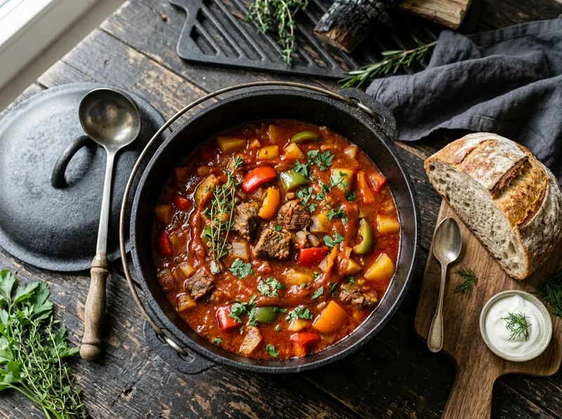 Gegrillter Rinder-Gulasch-Topf mit Paprika und Thymian