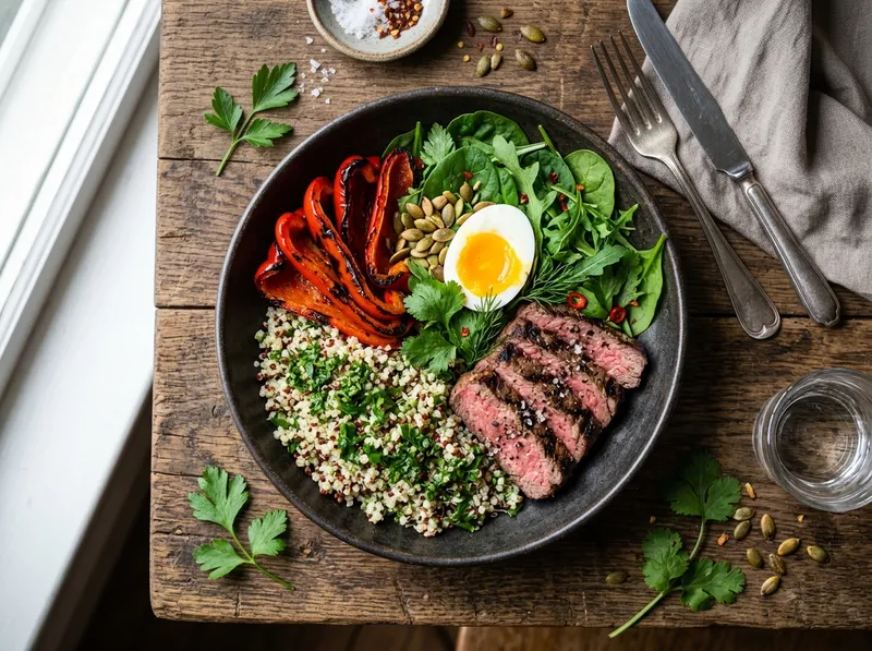 Gegrillter Rindersteak-Bowl mit Chimichurri-Quinoa und Charred Paprika