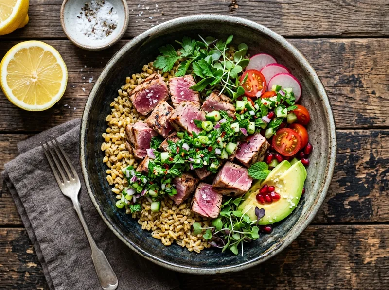 Gegrillter Thunfisch-Bowl mit Freekeh und Zitronen-Kräuter-Salsa
