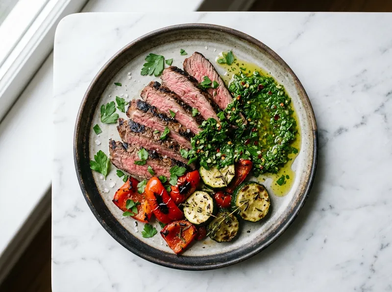 Gegrilltes Flank Steak mit Chimichurri und geröstetem Gemüse vom Blech