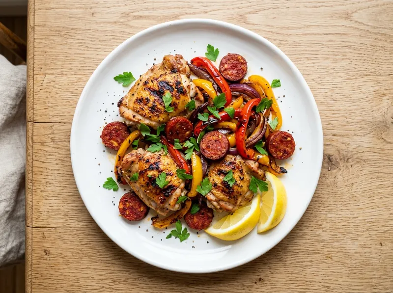 Gegrilltes Hähnchen-Blech mit Chorizo und gerösteten Paprikaschoten