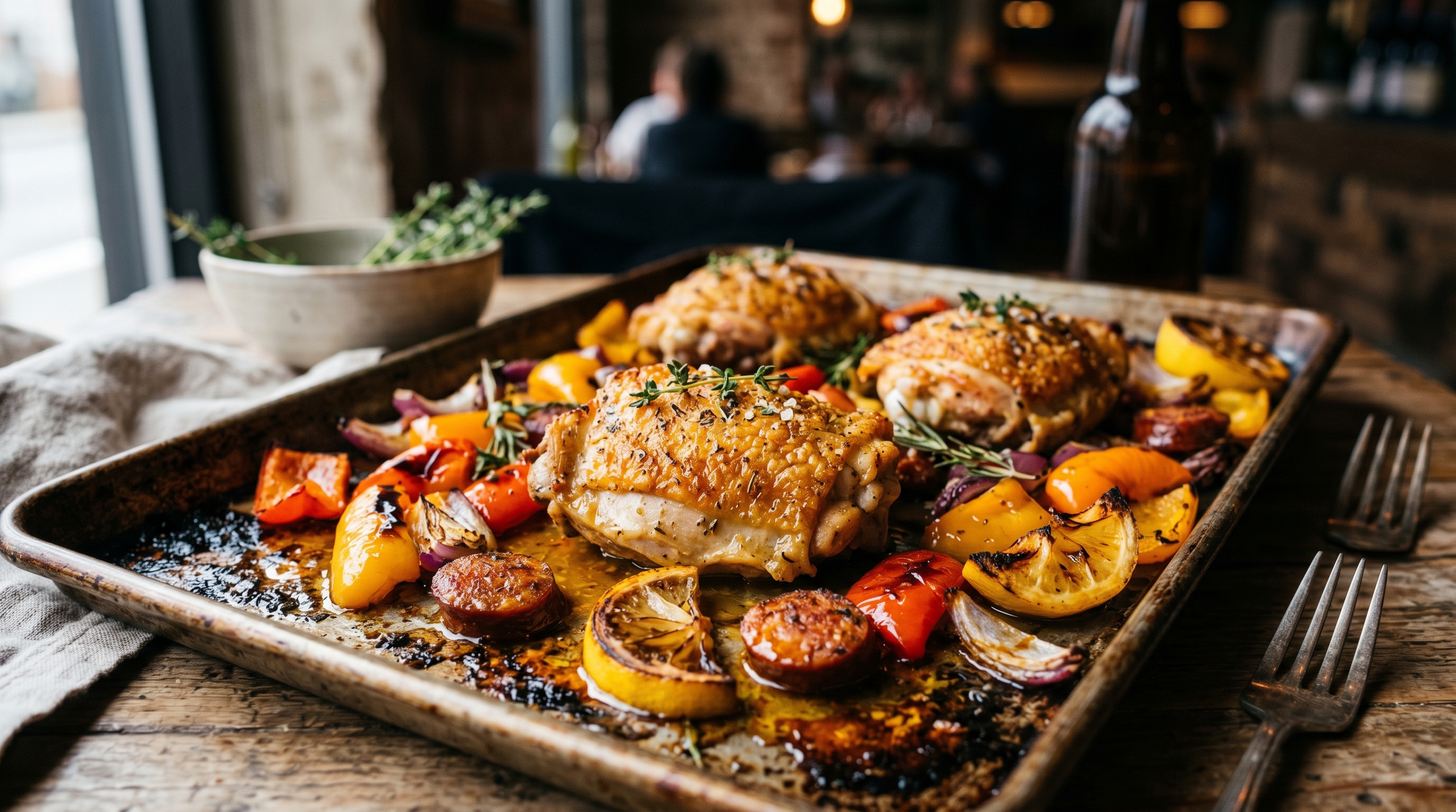 Gegrilltes Hähnchen-Blech mit Paprika, Chorizo und Zitrone