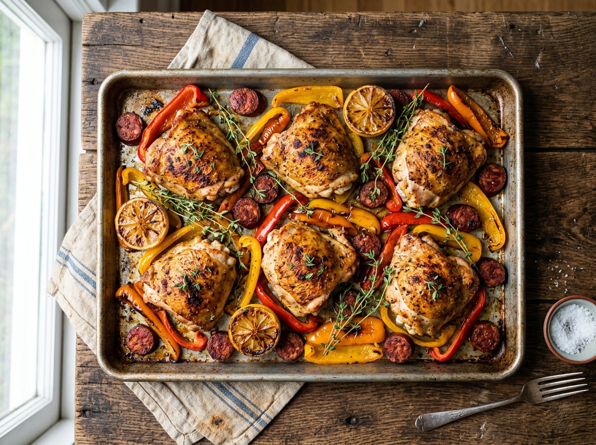 Gegrilltes Hähnchen-Blech mit Paprika, Chorizo und Zitrone