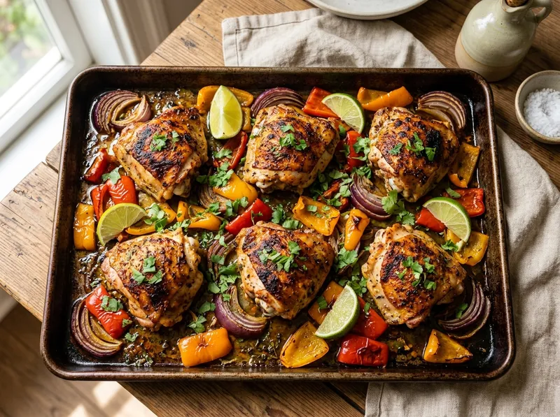 Gegrilltes Knoblauch-Limetten-Hähnchen vom Blech mit buntem Paprika-Gemüse