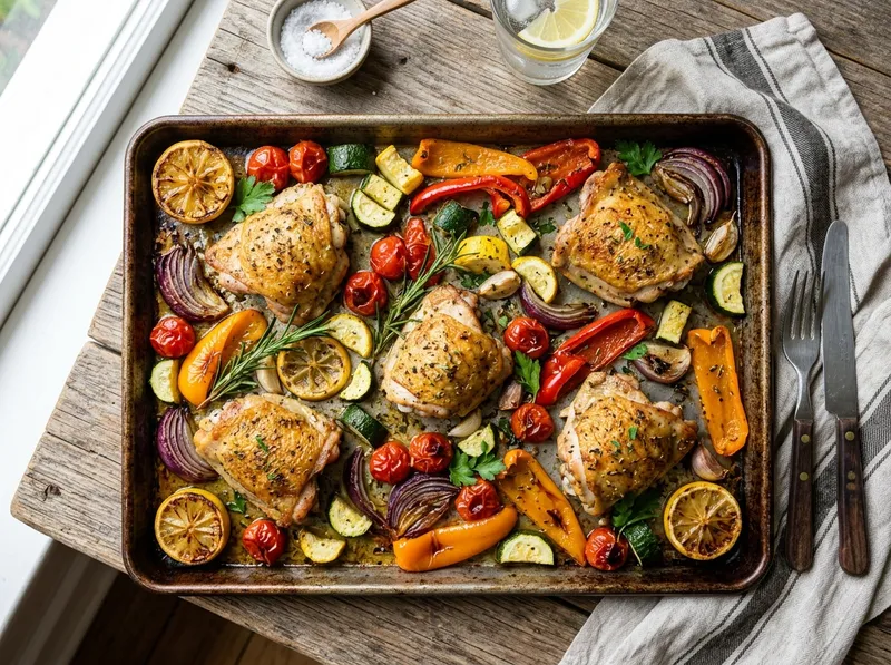 Gegrilltes Ofenblech mit Zitronen-Rosmarin-Hähnchen und mediterranem Gemüse