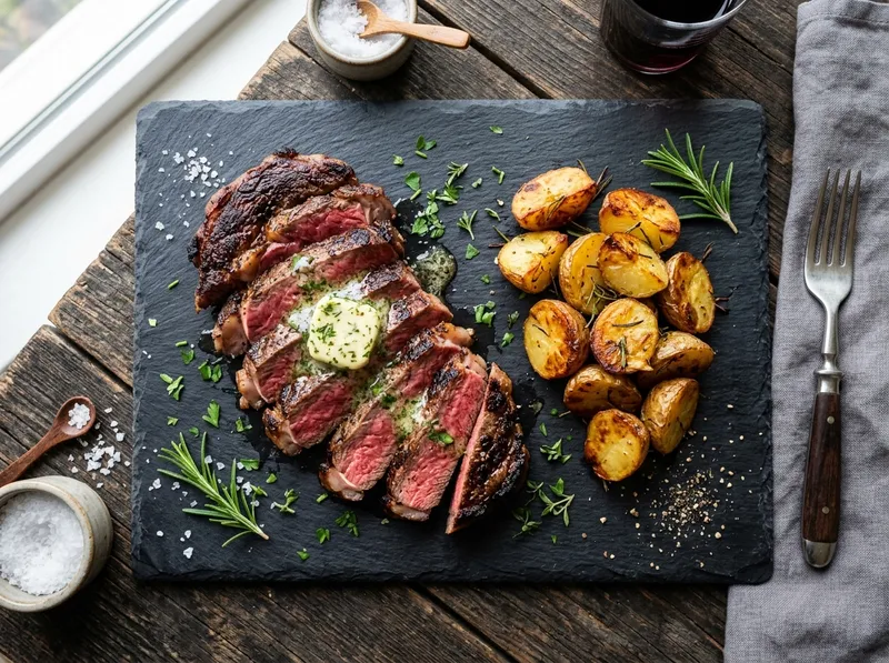 Gegrilltes Rib-Eye-Steak mit Kräuterbutter und Ofenkartoffeln