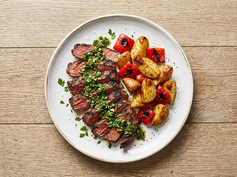 Gegrilltes Skirt-Steak-Blech mit Chimichurri-Kartoffeln und Paprika