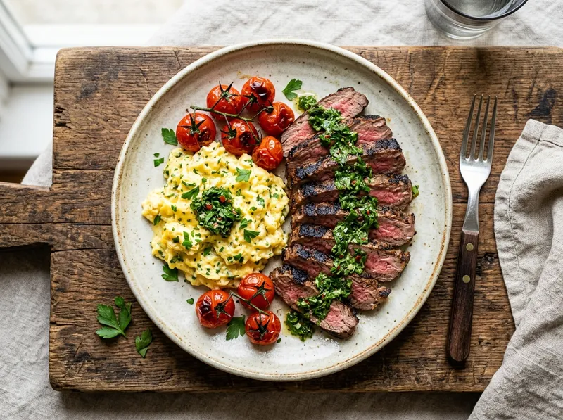 Gegrilltes Steak mit Chimichurri-Rührei und gerösteten Tomaten