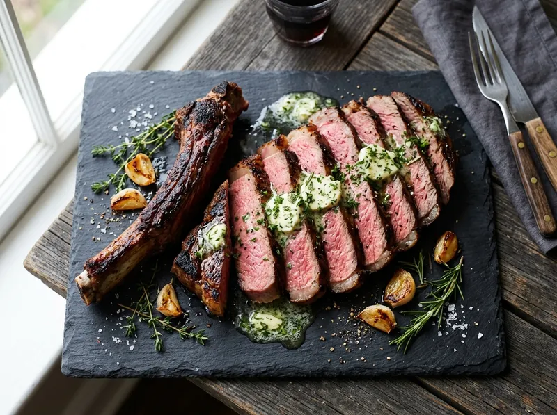 Gegrilltes Tomahawk-Steak mit Kräuterbutter und gerösteten Knoblauchzehen