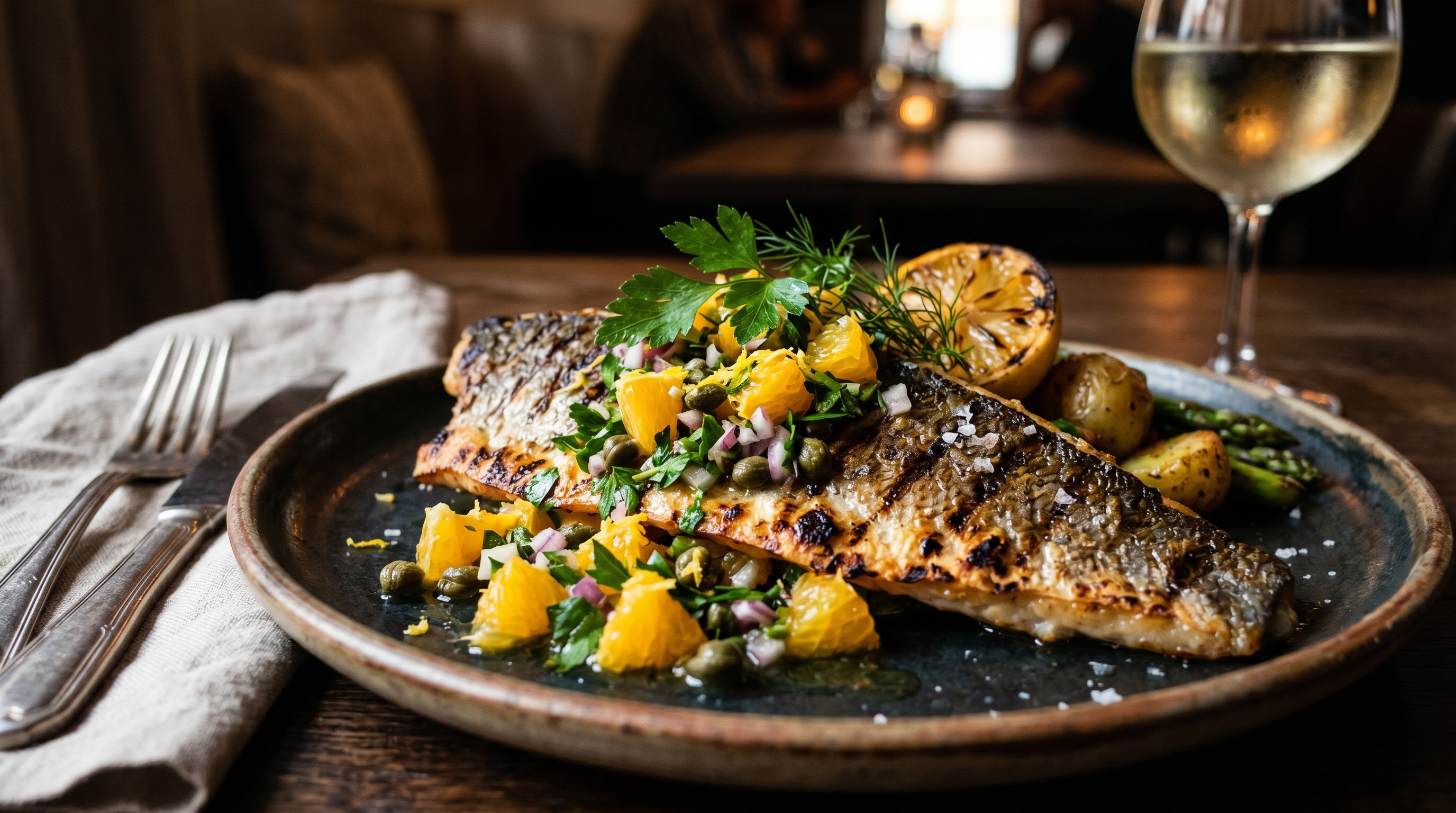 Gegrilltes Wolfsbarsch-Filet mit Zitrus-Kräuter-Salsa
