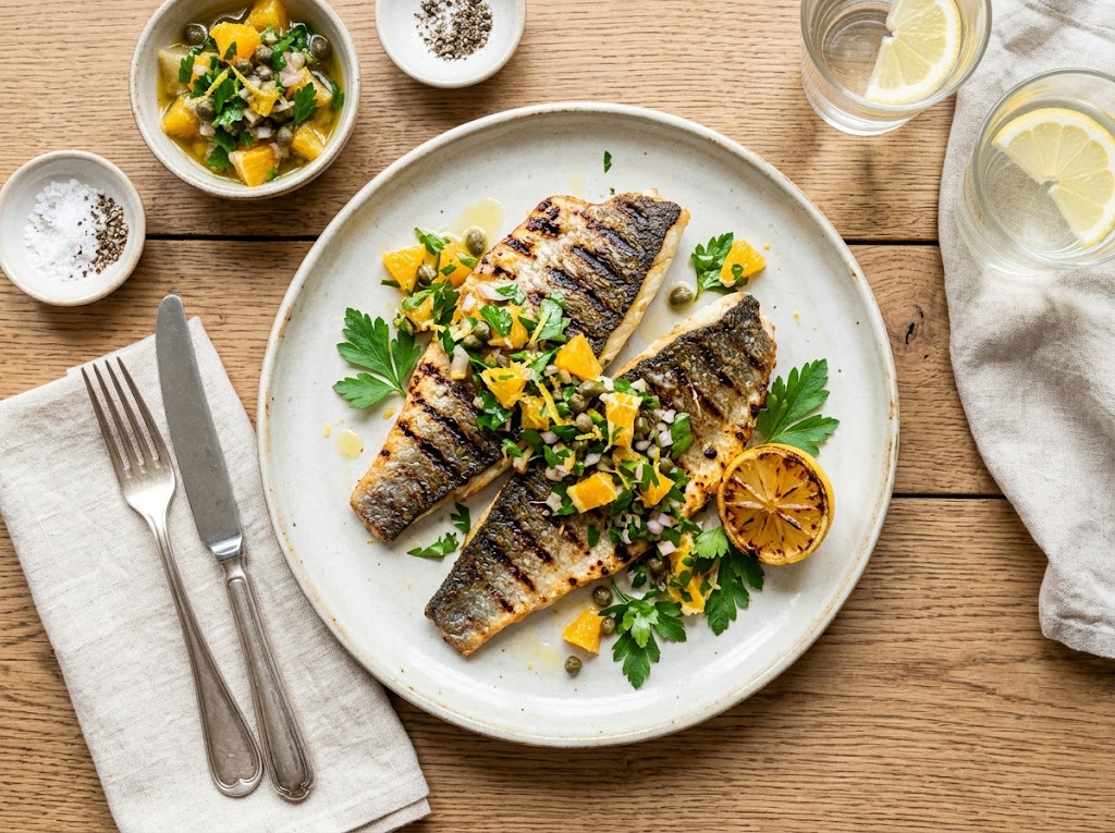 Gegrilltes Wolfsbarsch-Filet mit Zitrus-Kräuter-Salsa